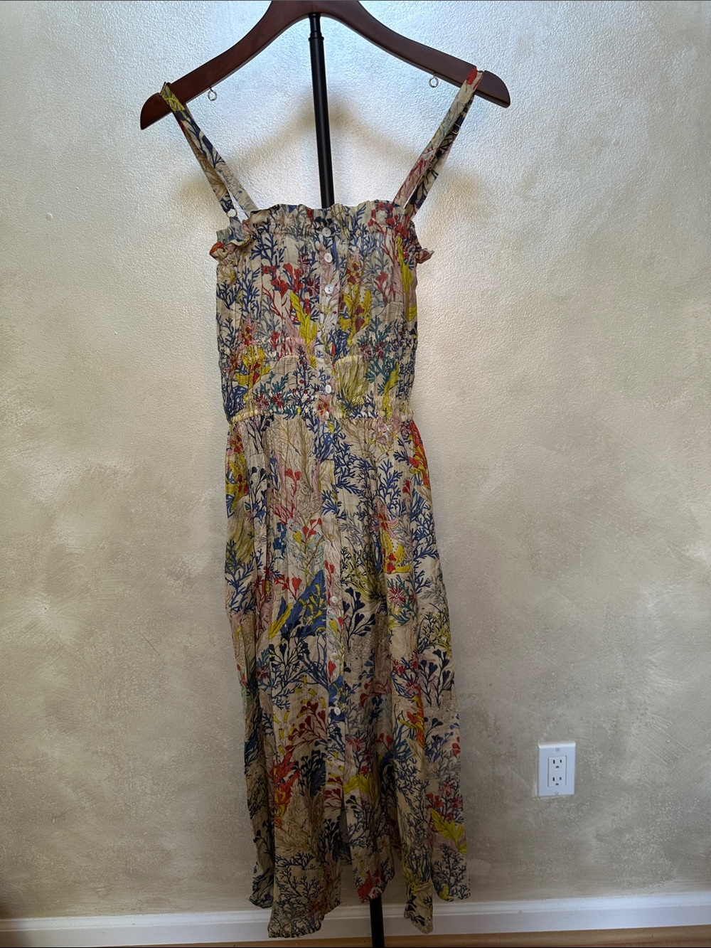 Chufy Jimmy Dress Asham Beige Cotton Silk Blend Botanical Midi Dress XS